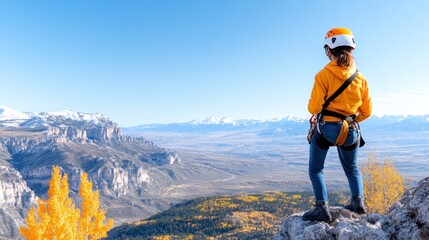 A climber in a helmet gazes at a stunning mountain landscape.
