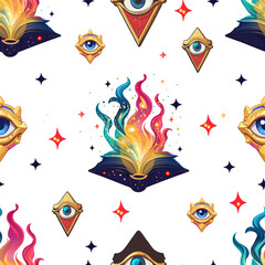 Seamless Pattern with Magical Books and Mystic Eyes. Design with Enchanted Books and All-Seeing Eyes. Mystical Pattern Featuring Eye Symbols