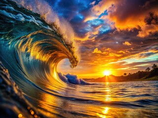 AI-generated art captures the golden hour's serene silhouette of a wave against a sunset.