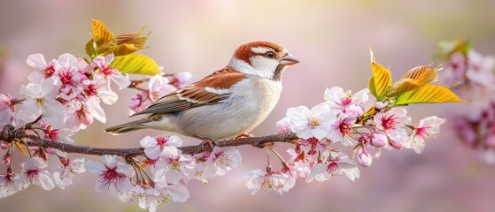Spring Sparrow Perched on Delicate Cherry Blossom Branches