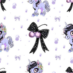 Seamless Pattern with Unicorns, Bows, and Cherry Details
Cute Unicorn Illustration with Black Ribbon and Pearls
