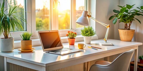 Cozy Home Office Workspace: Laptop, Lamp, Stationery & White Desk