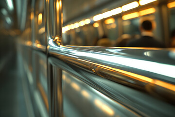 Close-up of polished metal handrail inside a moving subway car, with blurred passengers in the background.