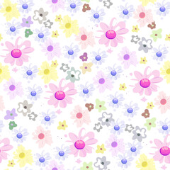 Pastel Floral Seamless Pattern on White Background. Colorful Spring Flowers Repeating Design. Delicate Pastel Flower Illustration Pattern