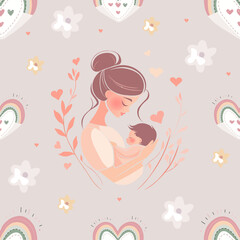 Mother and Baby Seamless Pattern with Hearts and Florals. Loving Mother and Child Illustration with Soft Pastels. Tender Motherhood Design with Hearts and Rainbows