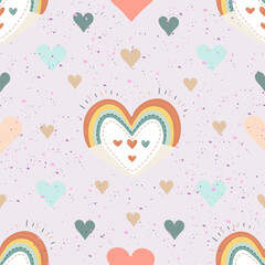 Seamless Pastel Heart Pattern with Rainbow Accents. Whimsical Heart and Rainbow Design on White Background. Colorful Hearts and Dotted Accents Repeating