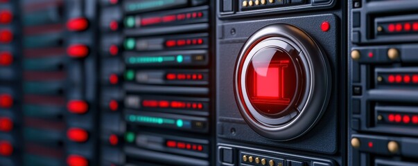 Fototapeta premium life-saving concept. Close-up of a server with a prominent red alert button and illuminated indicators.