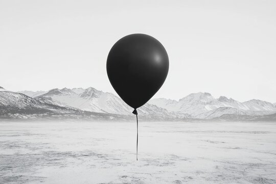 Black Balloon Floating Over Snowy Mountain Landscape