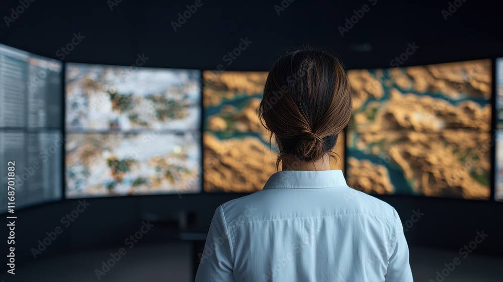 Poster life-saving concept. person observing multiple screens displaying geographical landscapes.