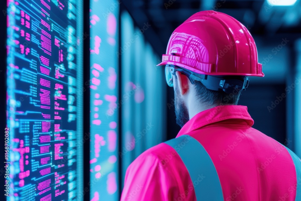 Poster life-saving concept. worker in a red helmet observes digital displays in a tech environment.