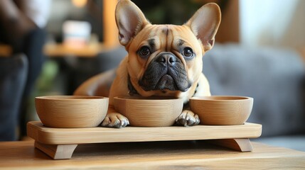 French bulldog enjoys a peaceful moment at home while waiting for dinner in elegant wooden bowls