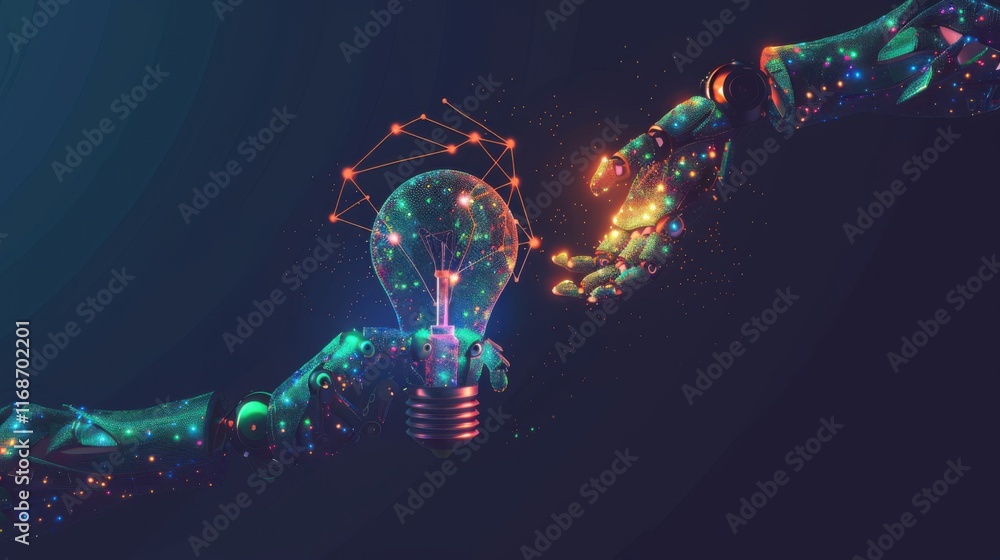 Poster ai, machine learning, hands of robot and human touching big data of global network connection, inter