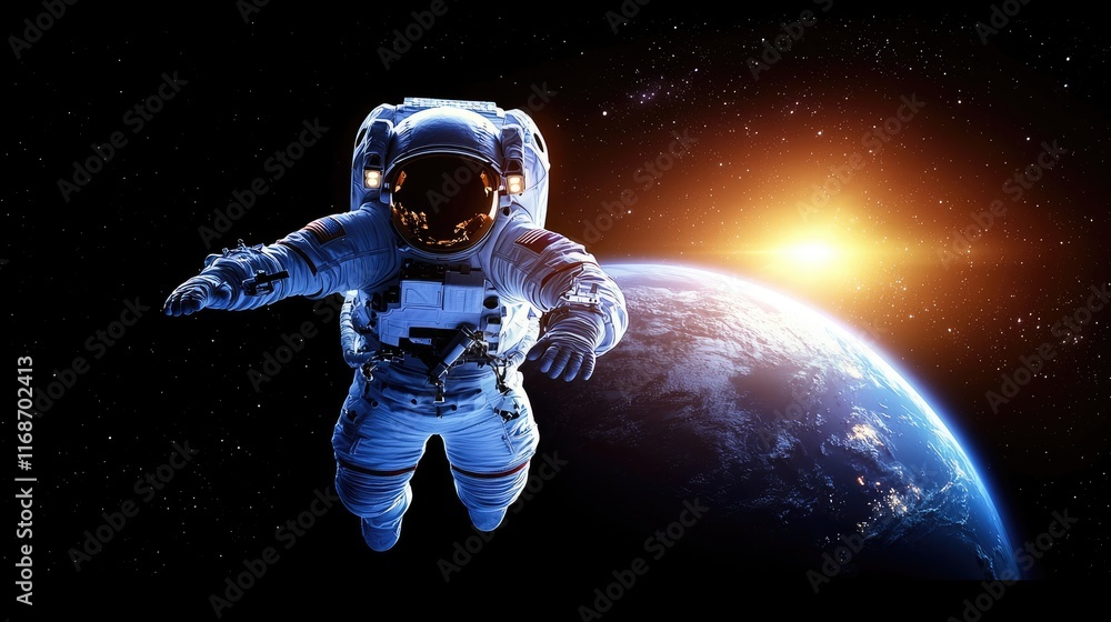 Poster astronaut exploring space earth view digital art cosmic environment outer space adventure concept