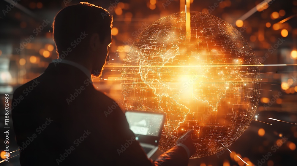Poster global network businessman digital world orange glowing technology map web data light globe media