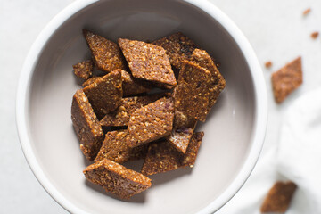 Overhead view of groundnut cake , top view of nkatie cake or peanut cake, flatlay  of nkate candy bar made with roasted peanuts and sugar