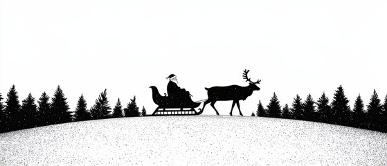 Santa Claus Silhouette in Sleigh with Reindeer Snowy Landscape Christmas Eve Illustration