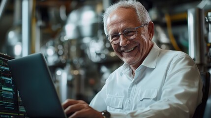 Obraz premium A happy elderly technician using a laptop to monitor refinery safety metrics, seated in a control room filled with sophisticated equipment