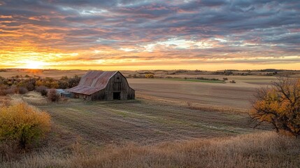 Obraz premium A sunset illuminating a barn and surrounding farmland.