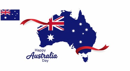 Australia Day Graphic Design Blue Map with Australian Flag, White Outline, Red Ribbon, and Cursive Font Created with Generative AI