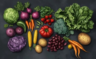 Fresh and Colorful Assortment of Vegetables and Fruits on Dark Background, Featuring Broccoli, Carrots, Cabbage, Potatoes, and Strawberries for Healthy Eating