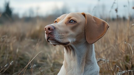 Portrait of a Vizsla dog in a field, its noble profile and attentive gaze highlighted against a soft natural background