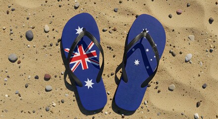 Australian Flag Flip Flops on Sandy Beach with Colorful Pebbles Created with Generative AI