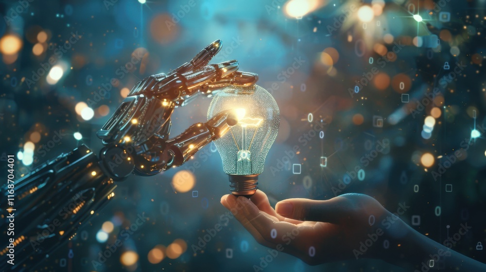 Poster ai, machine learning, hands of robot and human touching big data of global network connection, inter