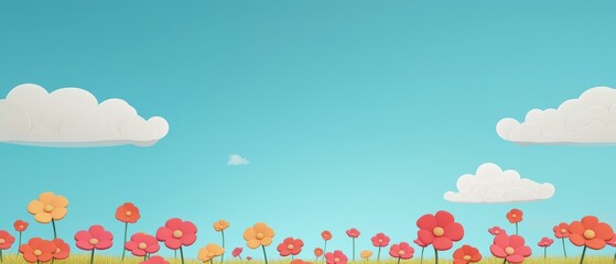Naklejka premium Cheerful Cartoon Flowers Meadow Under Blue Sky with Fluffy Clouds Spring Summer Background