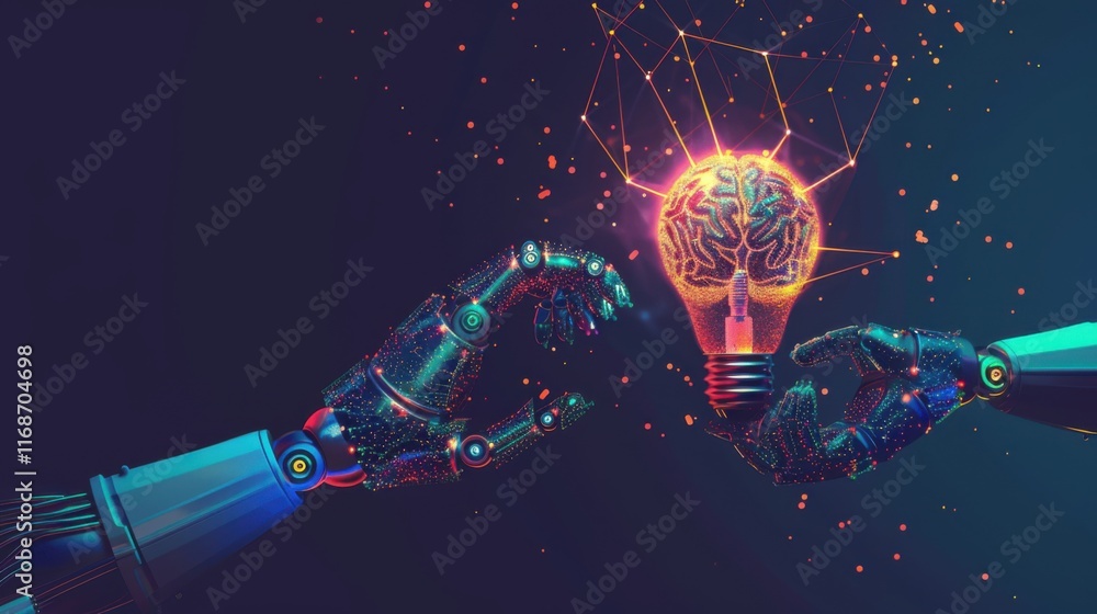 Poster ai, machine learning, hands of robot and human touching big data of global network connection, inter