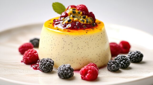Panna cotta with passion fruit coulis and fresh berries on white background