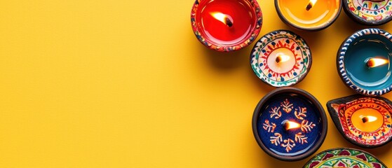 Fototapeta premium Colorful Hand Painted Diya Oil Lamps Lit on Yellow Background Diwali Festival
