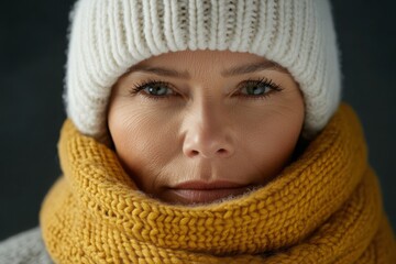 Warm winter fashion showcases cozy scarf and hat in a close-up portrait