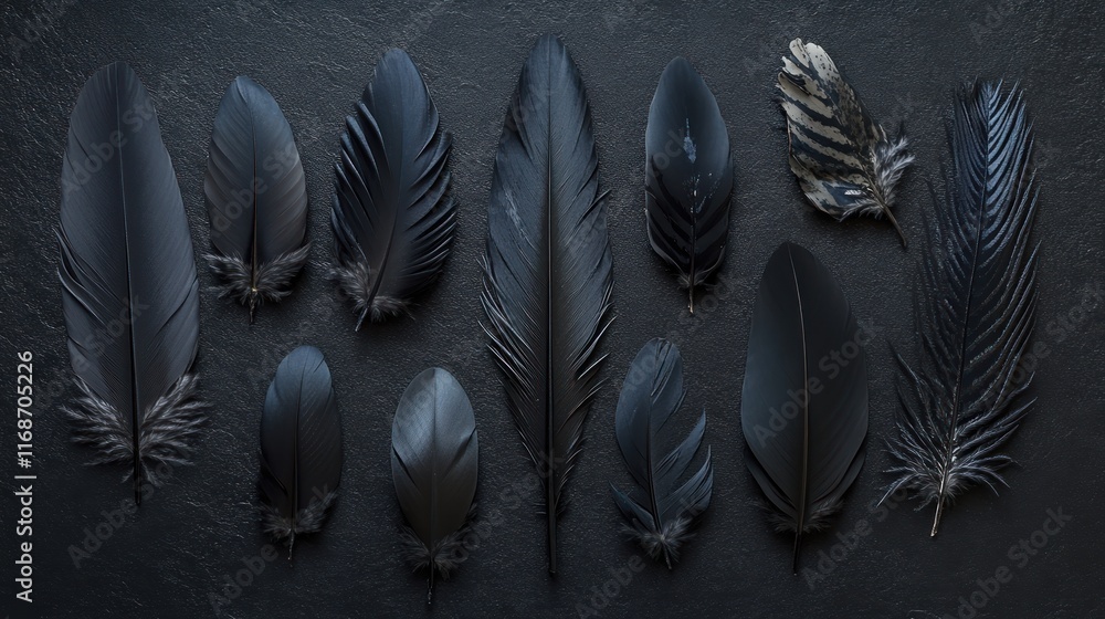 Poster a collection of various black feathers arranged artistically on a dark surface.