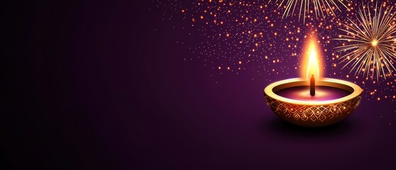 Festive Diwali Celebration Illuminated Diya with Fireworks and Sparkling Dust