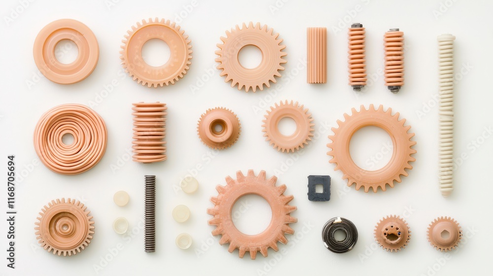 Poster assorted gears, cogs, and mechanical components in various shapes and sizes on white background