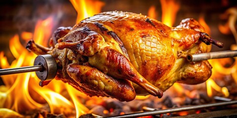 Juicy Rotisserie Chicken Spit Roasted, Open Flame, Close Up, Crispy Skin, Sizzling