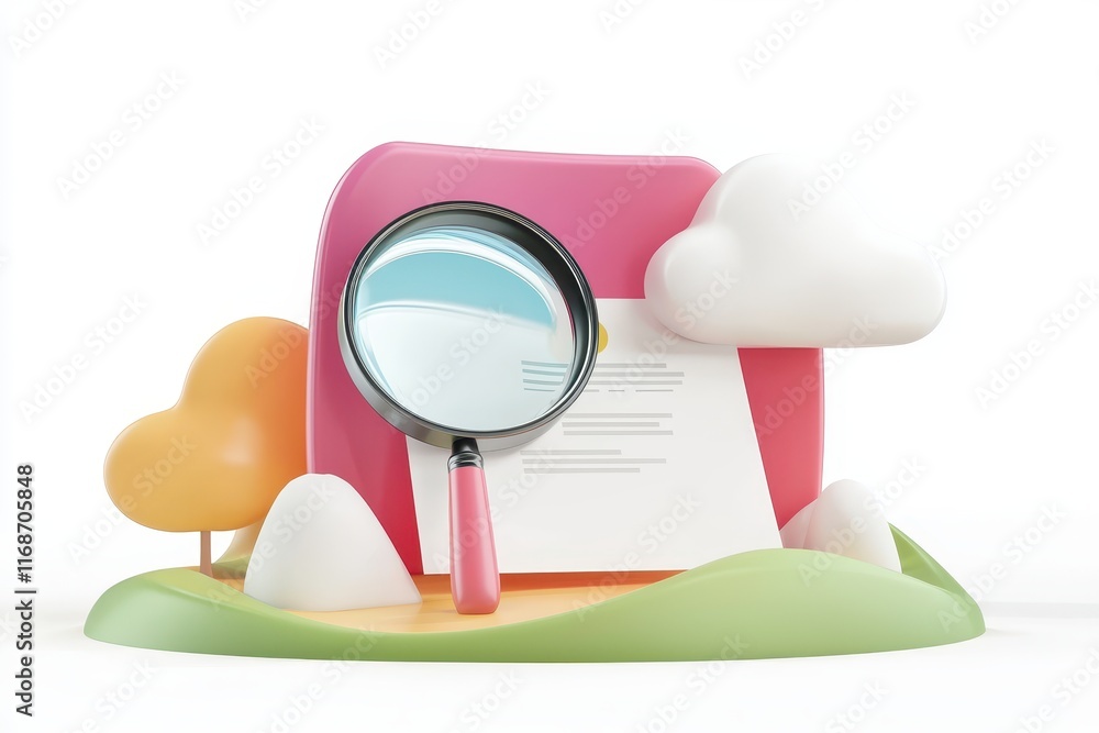 Poster 3d render magnifying glass examining document on cloud computing concept