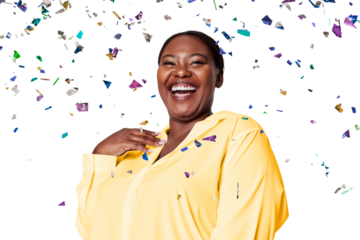 Happy black png woman, birthday celebration confetti, transparent background