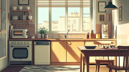Kitchen interior in a beige home with a cabinet, a panoramic window, and a dining space
