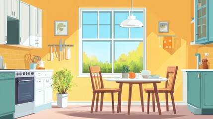 Kitchen interior in a beige home with a cabinet, a panoramic window, and a dining space
