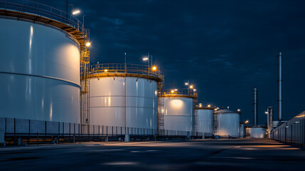 Obraz premium Nighttime photo of series oil storage tanks, with lights reflecting off their surfaces in a industrial landscape
