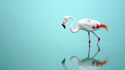 Fototapeta premium A graceful flamingo wades through calm waters, reflecting its beauty in a serene environment.