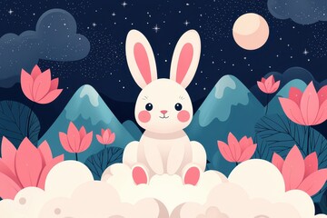 Adorable White Rabbit on Cloud Amongst Pink Lotus Flowers and Mountains under Night Sky