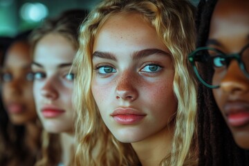 Obraz premium Group of young women posing together in a stylish indoor setting during daylight
