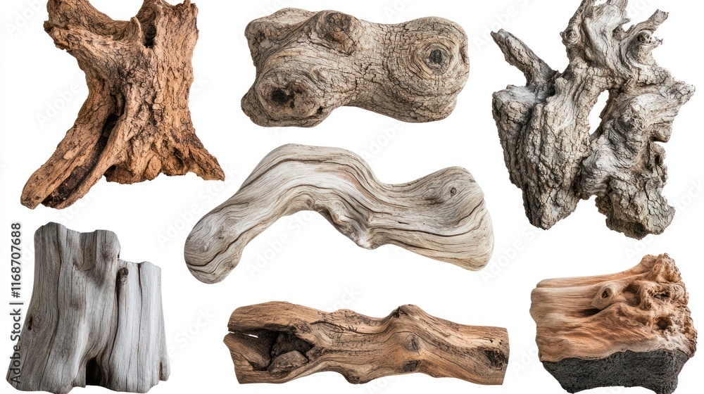 Poster a collection of various pieces of driftwood showcasing unique textures and shapes.