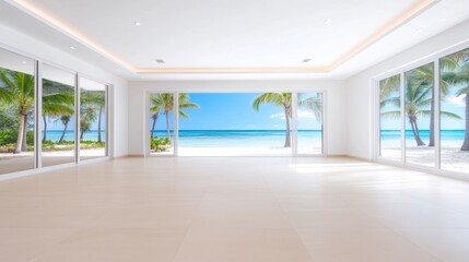 Obraz premium Spacious interior with beach view through large glass windows.