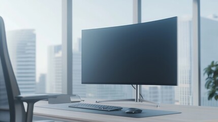 Fototapeta premium Modern Ergonomic Workspace Setup with Large Monitor on Arm Mount at Eye Level and Comfortable Office Chair in Cinematic Image