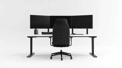 Fototapeta premium Seamless Dual Monitor Ergonomic Setup with Supportive Chair for Cinematic Work Environment