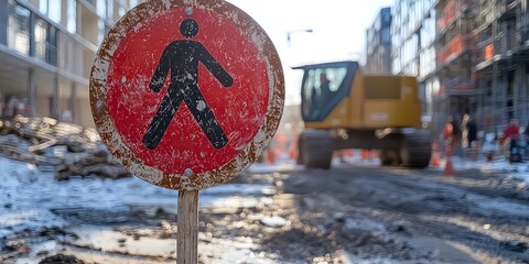 A red zone sign in a construction area, warning people of potential hazards in the vicinity.