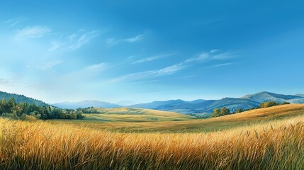 Obraz premium Rolling hills covered in golden grass under a clear summer sky